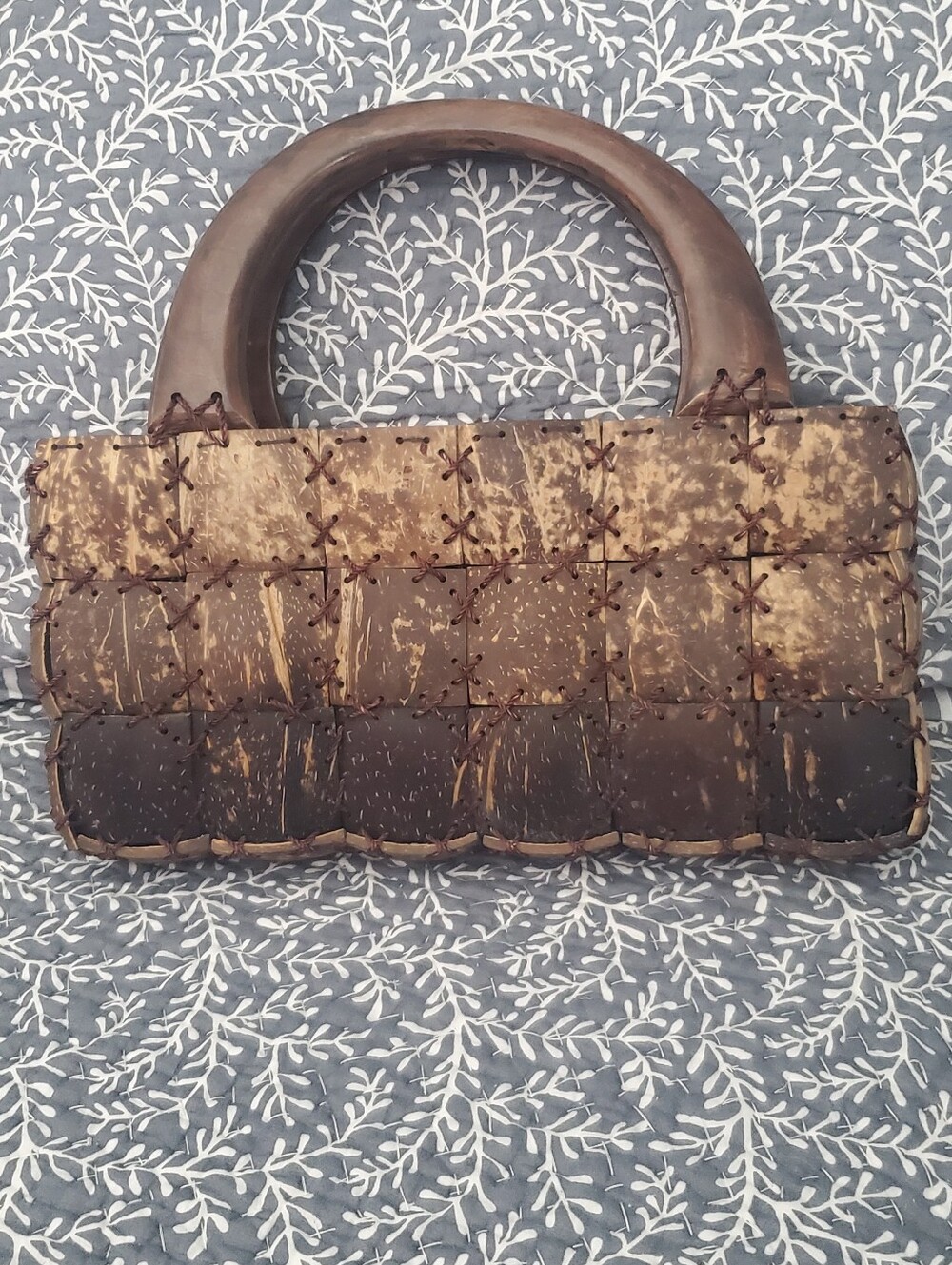 Natural Brown Mini Coconut Shell Tote Bag with Wooden Handles